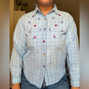 90s vintage Embroidered Plaid Button-Up Shirt
